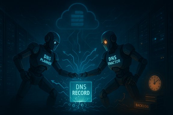Two robots labeled DNS Planner and DNS Enactor collaborate on a glowing DNS Record in a server room.