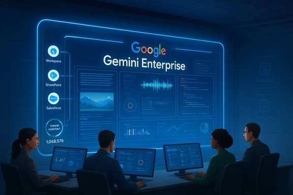 A team of four monitors a neon Google Gemini Enterprise dashboard in a blue-lit control room.