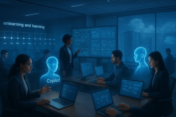 A team in a glass-walled, high-tech conference room interfaces with holographic Copilot avatars.