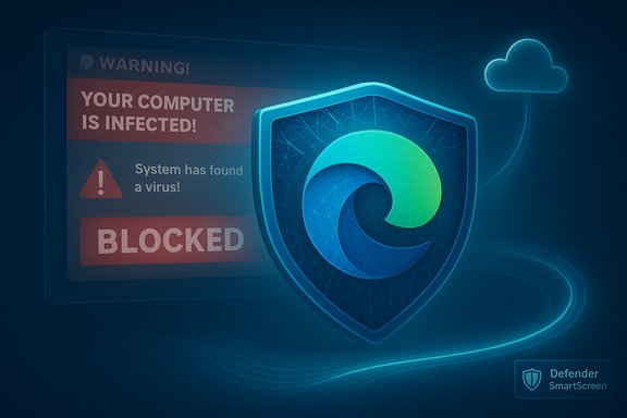 A glowing shield blocks a malware warning that reads “Your computer is infected” on screen.