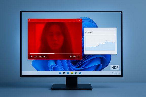Monitor displaying a red video window over a Windows desktop with a task manager graph.