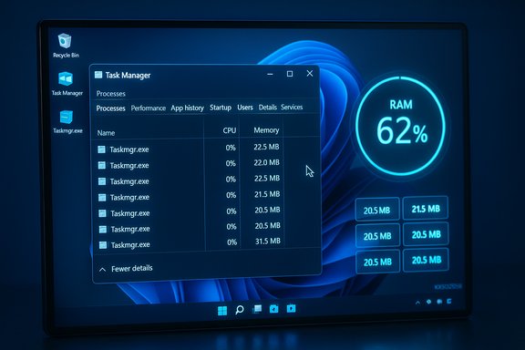 Windows desktop with Task Manager open, showing a neon RAM gauge at 62%.