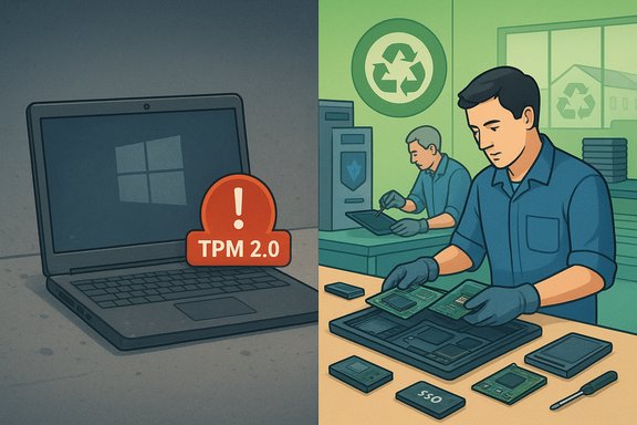 Split scene: a laptop with a TPM 2.0 warning on the left, and technicians assembling computer hardware on the right.