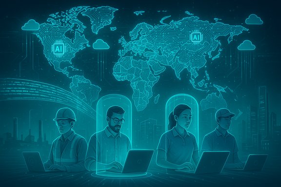 Four workers in glowing pods work on laptops under a neon AI world map.