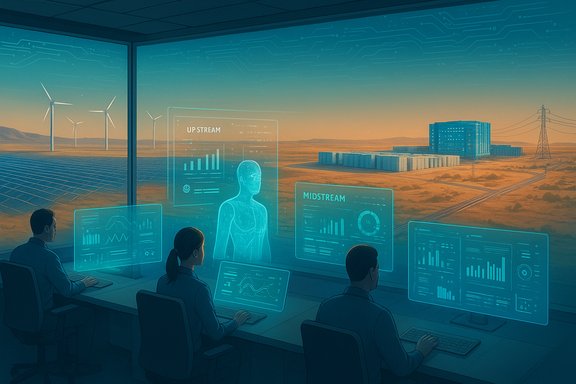 Futuristic control room with holographic dashboards monitoring wind and solar power in a desert landscape.