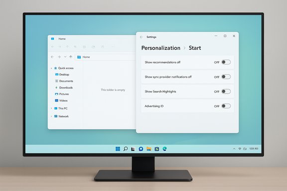 Windows 11 desktop with a Start menu personalization settings panel over a teal wallpaper.