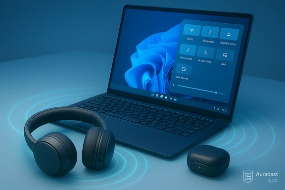 Blue-tinted laptop with wireless headphones and a charging case on a desk.