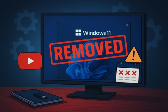 A Windows 11 screen stamped with REMOVED, with warning icons and a YouTube play button on the desk.