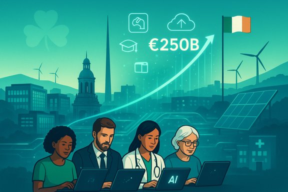 Diverse professionals on laptops in a green-energy cityscape, highlighting AI and a €250B investment.