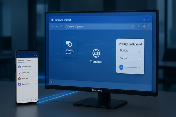 Samsung monitor shows Samsung Internet with Translate and Browsing Assist, beside a phone with bookmarks.