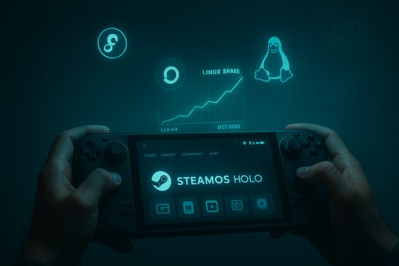 A handheld Steam Deck displays STEAMOS HOLO with holographic Linux logos and a rising share graph.