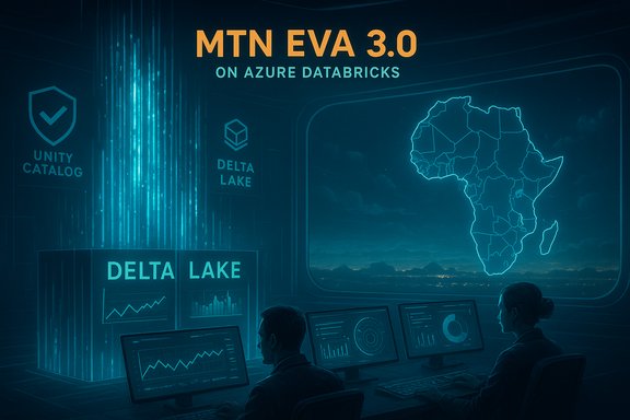 Two analysts in a high-tech control room monitor MTN EVA 3.0 on Azure Databricks with a glowing Africa map.