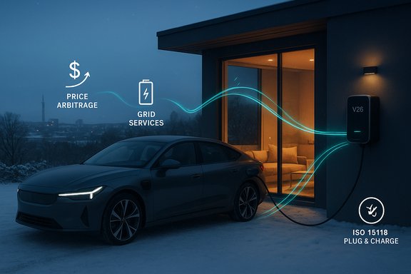 An EV charges at a modern home, showing price arbitrage, grid services, and ISO 15118 plug and charge.