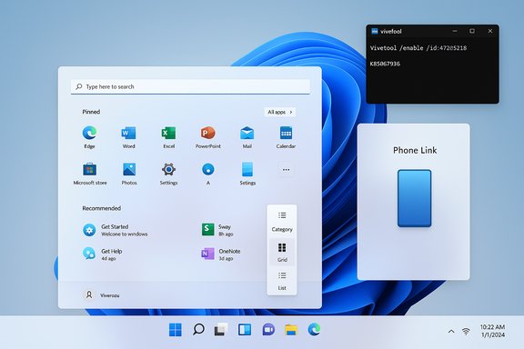 Windows 11 desktop showing Start menu, pinned apps, a Phone Link card, and a ViveTool console.