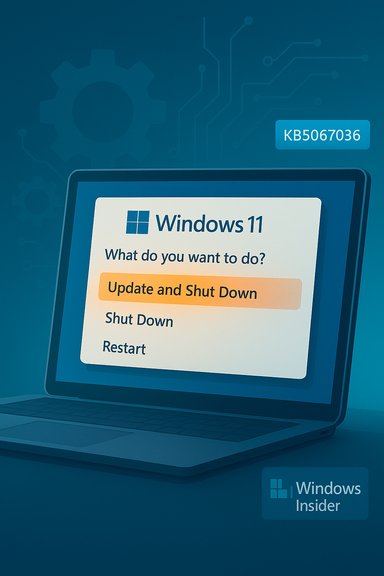 Windows 11 on a laptop showing the “Update and Shut Down” option highlighted.