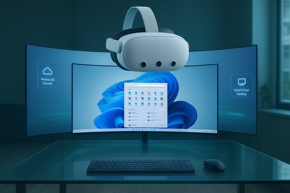 A VR headset floats above a curved multi-monitor Windows desktop setup.