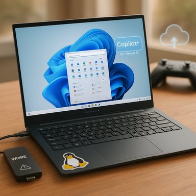 Laptop displaying Windows 11 with Copilot on-device AI, a WinRE dongle, and a Tux sticker.
