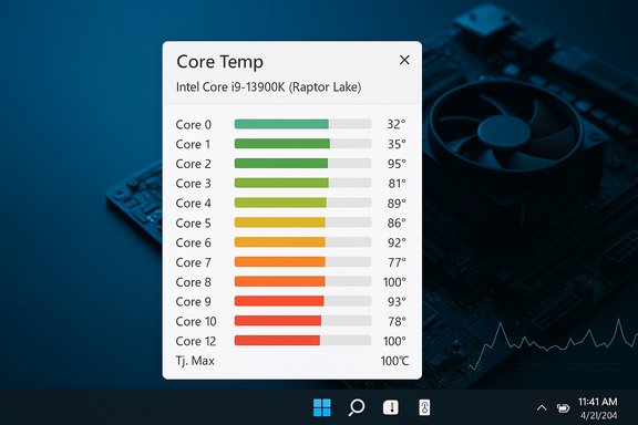 Core Temp displays per-core temperatures for an Intel Core i9-13900K (Raptor Lake).