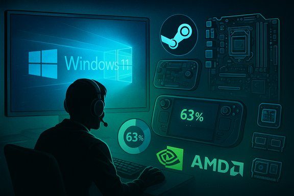 Gamer with headset at a PC, Windows 11 UI and AMD hardware graphics in the background.