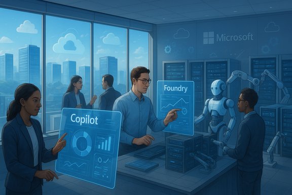 A futuristic Microsoft lab where people and robots collaborate around holographic Copilot and Foundry dashboards.