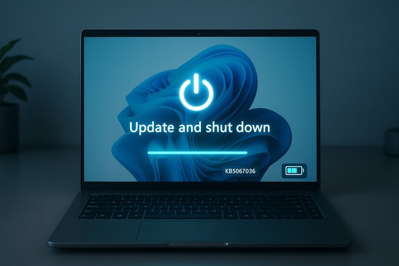 Laptop displays a 'Update and shut down' screen with a bright power icon.