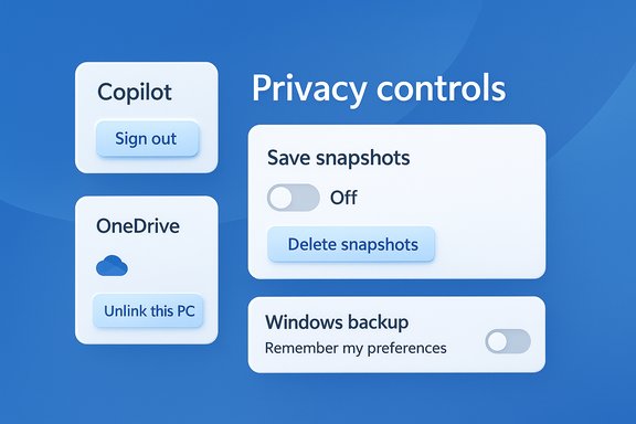Privacy controls UI with sign-out, OneDrive unlink, snapshot delete, and backup options.
