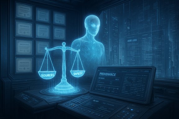 A glowing holographic scale weighs Sources against Safety in a futuristic provenance lab.