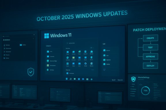 Blue-toned display wall showcasing Windows 11 UI and October 2025 Windows Updates.