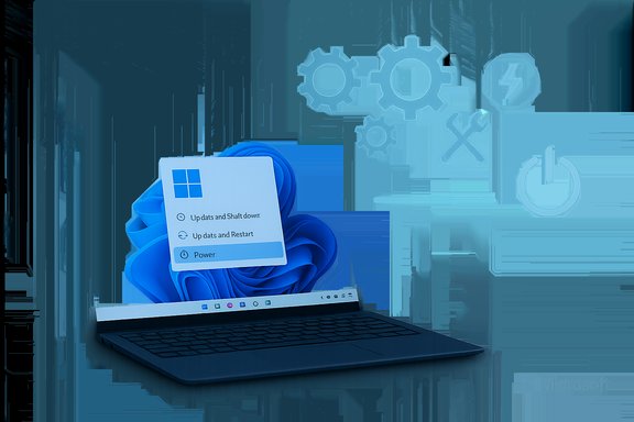 Windows laptop displaying the power menu on a blue, gear-themed tech background.