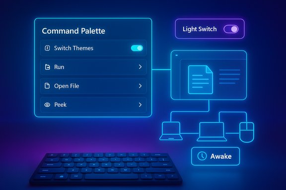 Neon UI panels display Command Palette, the Light Switch, and a keyboard connected to devices.