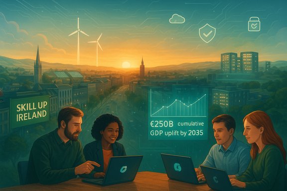 Diverse professionals collaborate on laptops as Skill Up Ireland projects GDP growth.