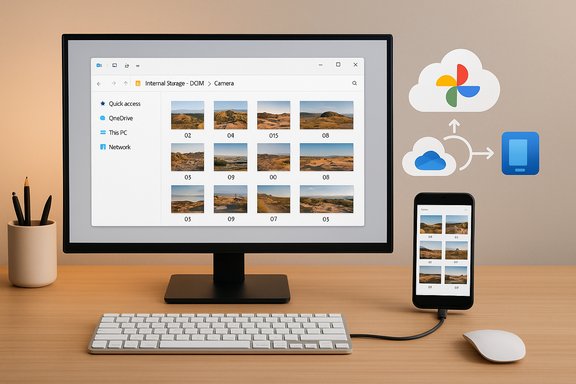 Desktop and phone show synchronized photo gallery via cloud storage. Desktop and phone show synchronized photo gallery via cloud storage.