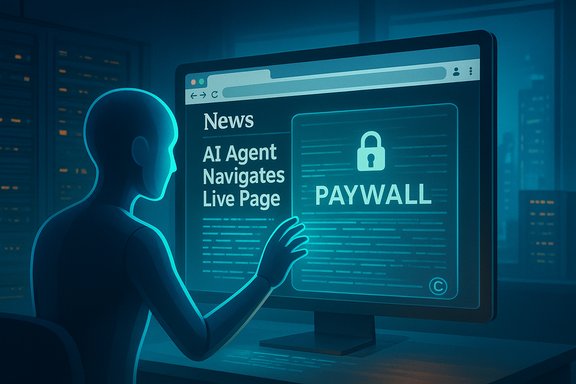 A person at a computer watches an AI navigate a paywall on a news page.