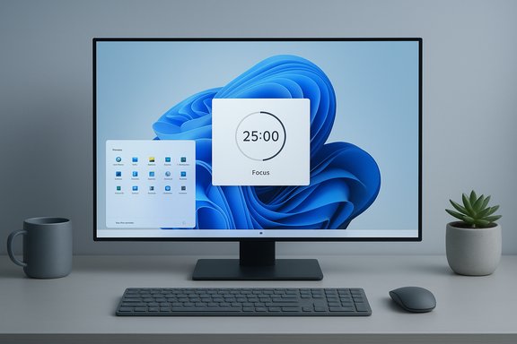Sleek desk setup with a large monitor displaying a Focus timer, plus keyboard, mouse, mug, and a small plant.