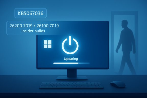 Windows Insider update in progress on a desktop, glowing progress screen with a shadowy figure in the doorway.