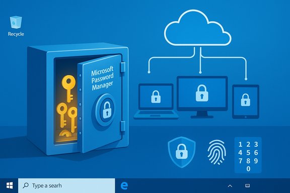 Blue illustration of a Microsoft Password Manager vault connected to cloud services and devices.