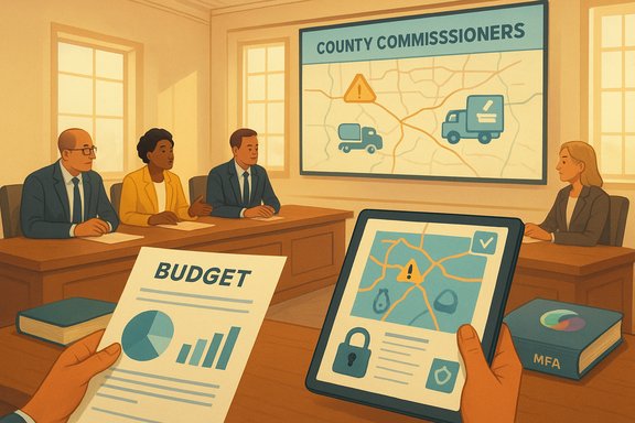 County commissioners review the budget and a regional map in a planning meeting. County commissioners review the budget and a regional map in a planning meeting.