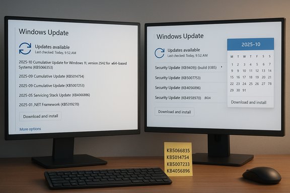 Two monitor setup showing Windows Update details with a sticky note listing KB IDs.