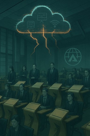 A conference hall filled with suited delegates, beneath a glowing cloud computing graphic.