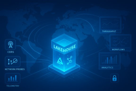 Blue infographic showing a Lakehouse data platform connecting telemetry, analytics, and security.