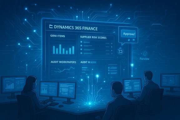Analysts monitor a Dynamics 365 Finance dashboard on a blue holographic screen.