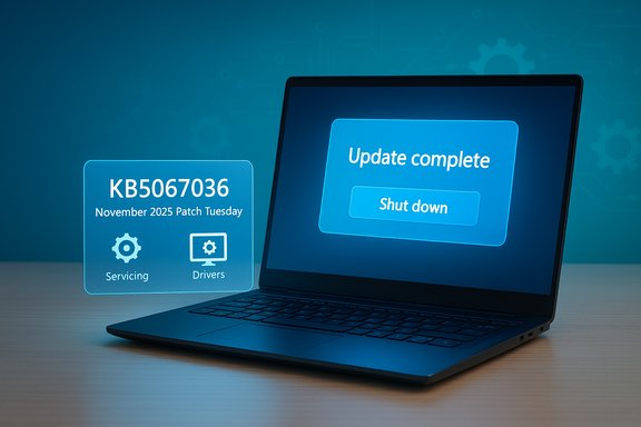 Laptop shows a blue software update panel: KB5067036 Patch Tuesday; update complete, shut down.