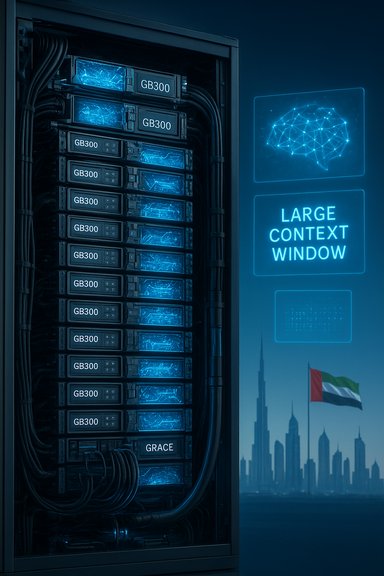 Blue-lit server rack labeled GB300, with holographic large context window beside a UAE skyline.