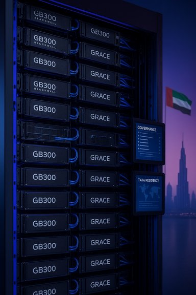 Blue-lit data center server rack filled with GB300 GRACE units.