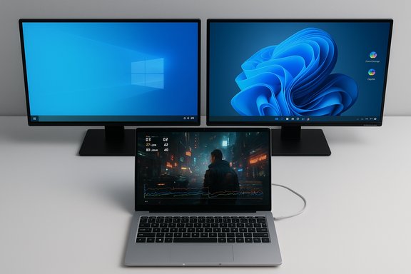 A laptop on a desk connected to two large external monitors, forming a three-display setup.