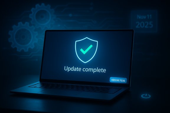 Laptop screen shows a glowing shield with a checkmark and “Update complete” in blue.