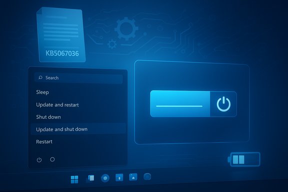 Blue, futuristic computer UI showing update/shutdown options and a power button.