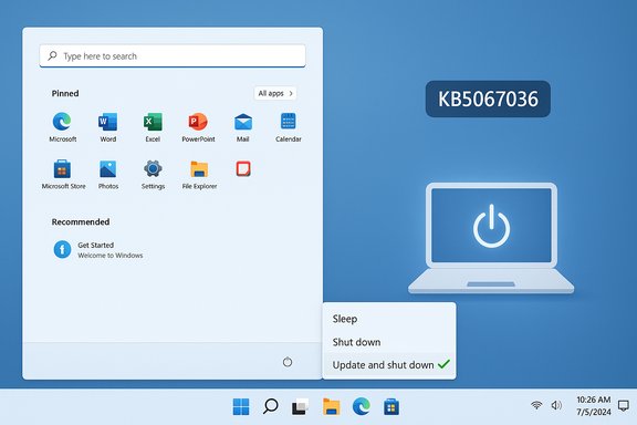 Windows 11-style Start menu open on a blue desktop with pinned apps and a power options menu.