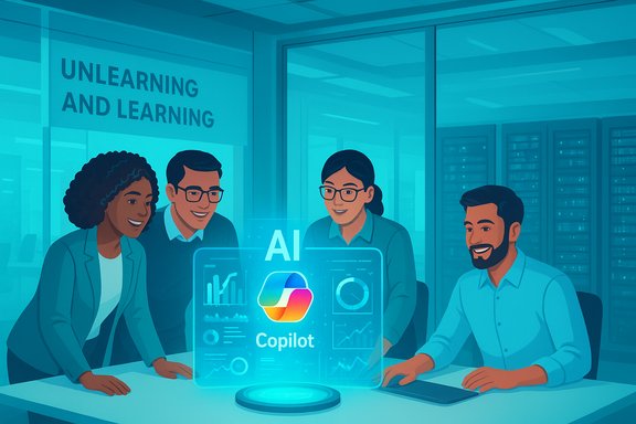 A diverse team collaborates around a glowing AI Copilot interface in a modern office.