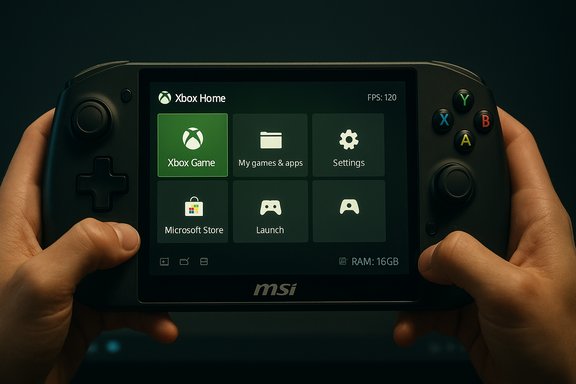 A handheld MSI console displays the Xbox Home dashboard with game icons.